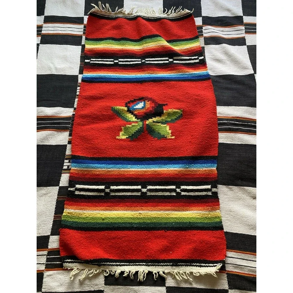 Vintage Handwoven Serape Kilim Rug Runner Wall Hanging. Rose. Wool Blend. Boho.